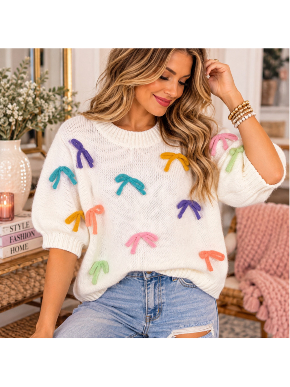 BiBi XL White Sweater Colorful Bow Embellished Puff Sleeves NWT